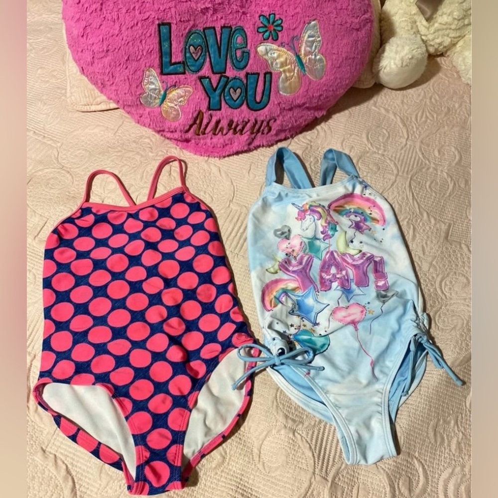 Kids Pink & Blue Polka Dot and Unicorn One-Piece Swimsuits - Girls